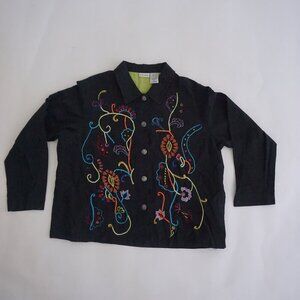 Vintage White Stag Black Cotton Floral Vine Embroidered Button Jacket Boho XL